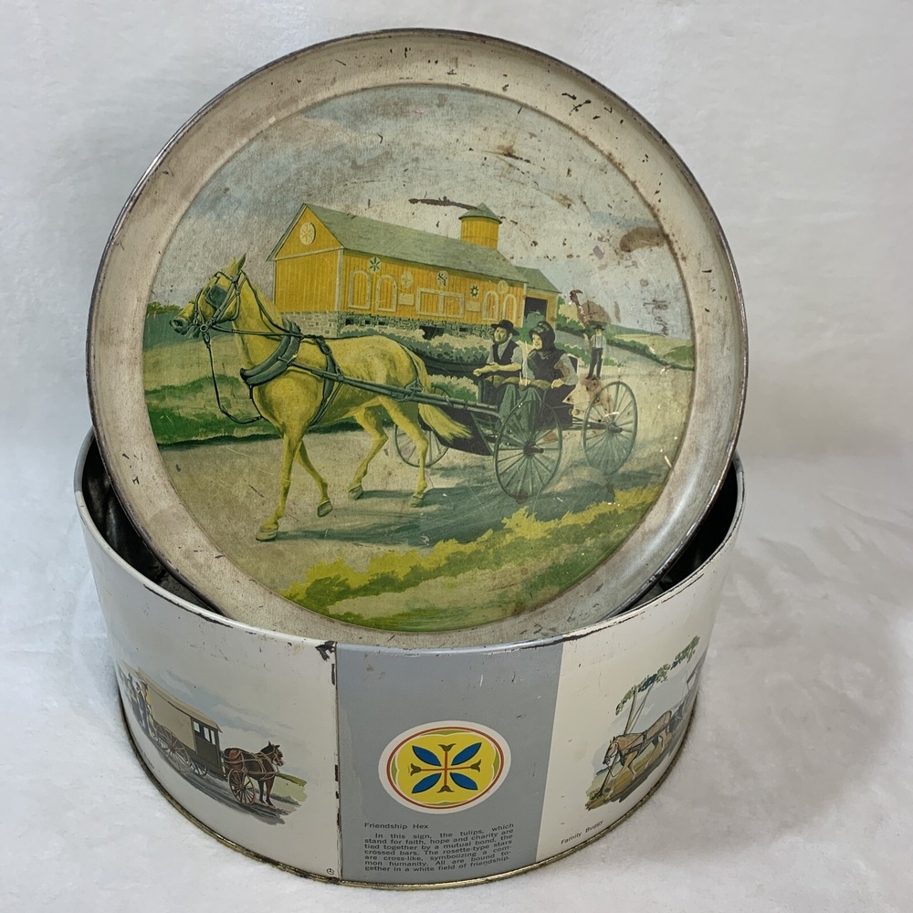 Pennsylvania PA Dutch Amish Horse Buggy Carriage‎ Folk Art Hex Sign Tin w/ Lid